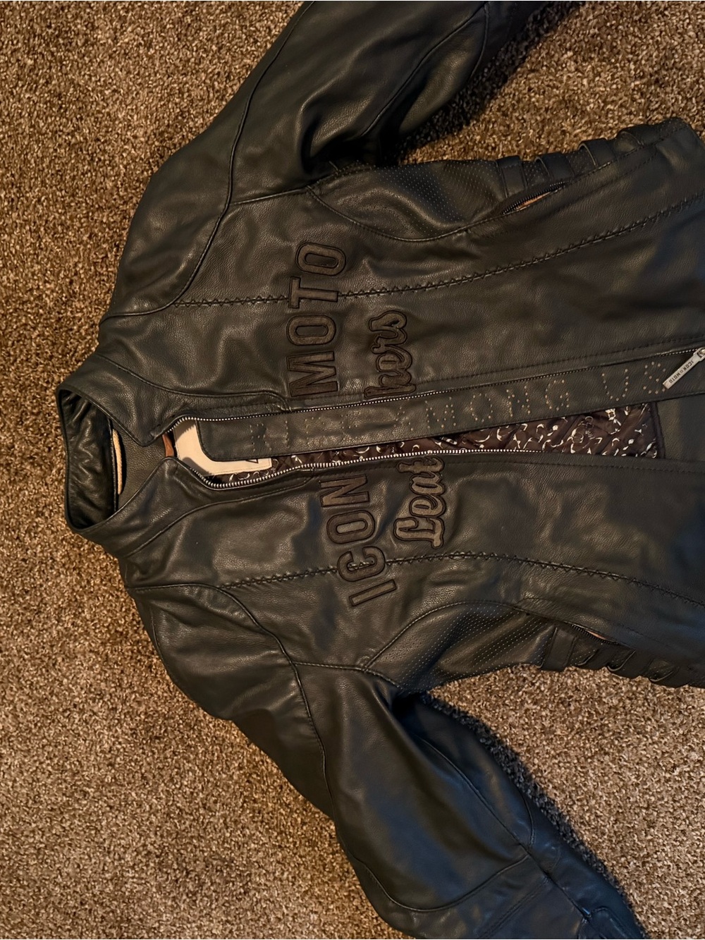 ICON Black Leather Jacket with Gray Elbow Patches - Picture 6 of 9